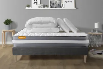 Pack lit complet - Matelas 200x200 cm + Sommier tapissier à lattes (en kit) + 2 oreillers + Couette - Memo Plus